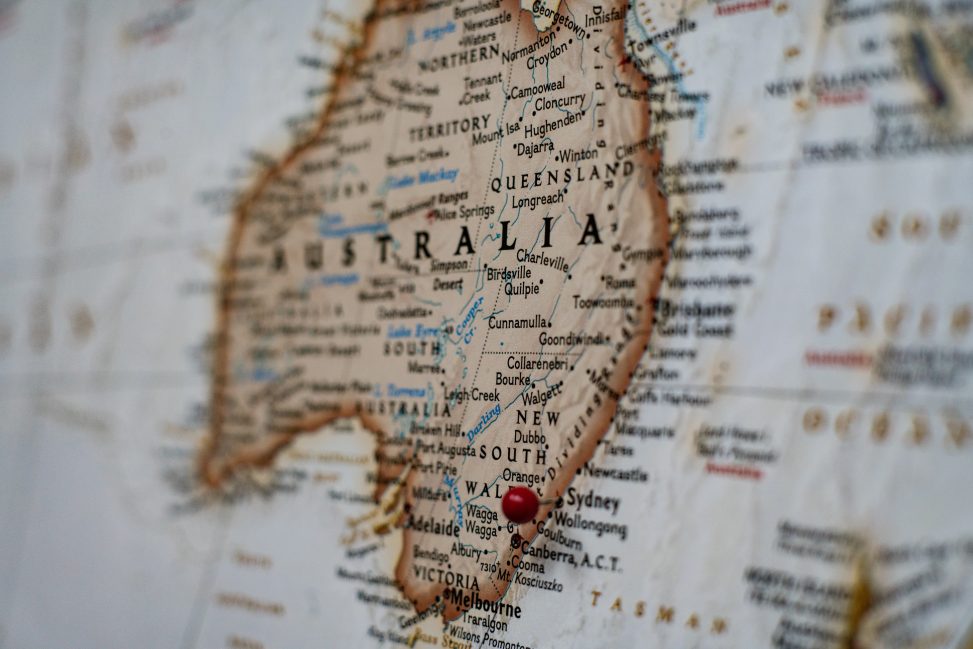 Carte de l'Australie avec épingle sur Sydney